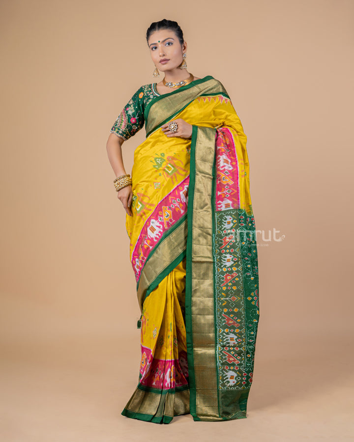 Yellow Elephant and Parrot Printed Silk Saree With Green Pallu