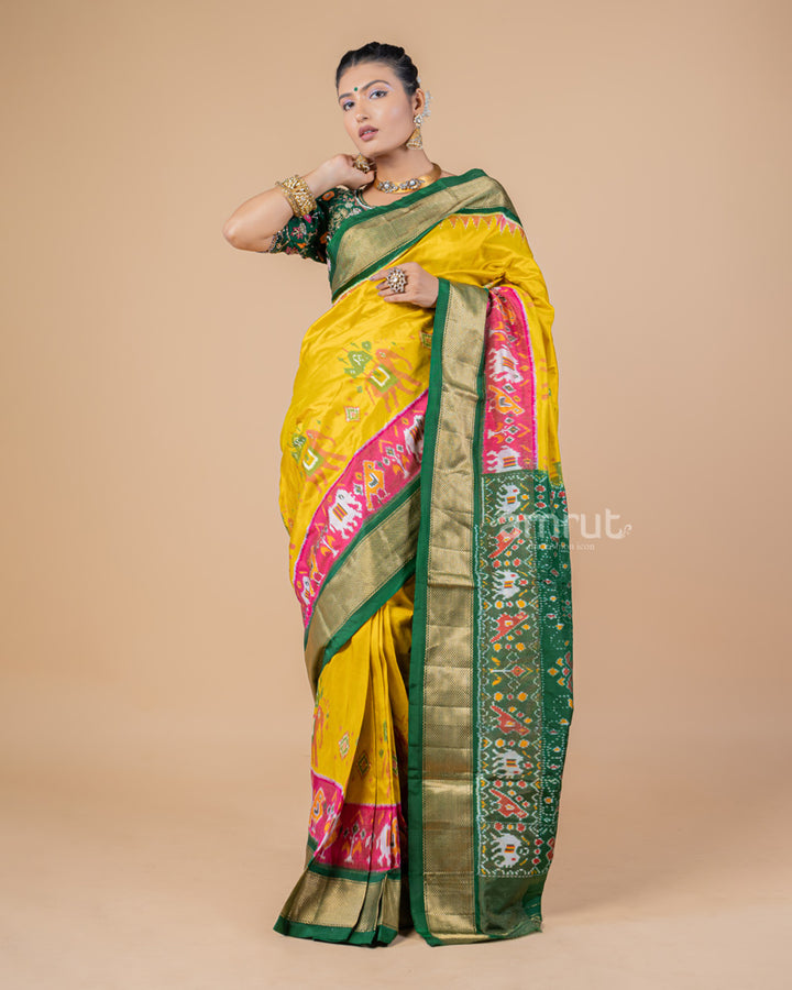 Yellow Elephant and Parrot Printed Silk Saree With Green Pallu