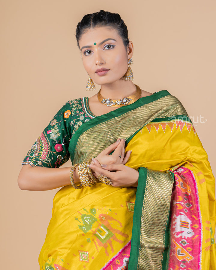 Yellow Elephant and Parrot Printed Silk Saree With Green Pallu