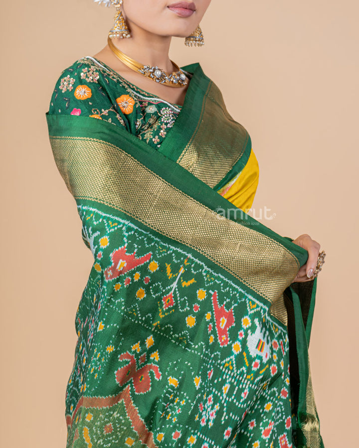 Yellow Elephant and Parrot Printed Silk Saree With Green Pallu