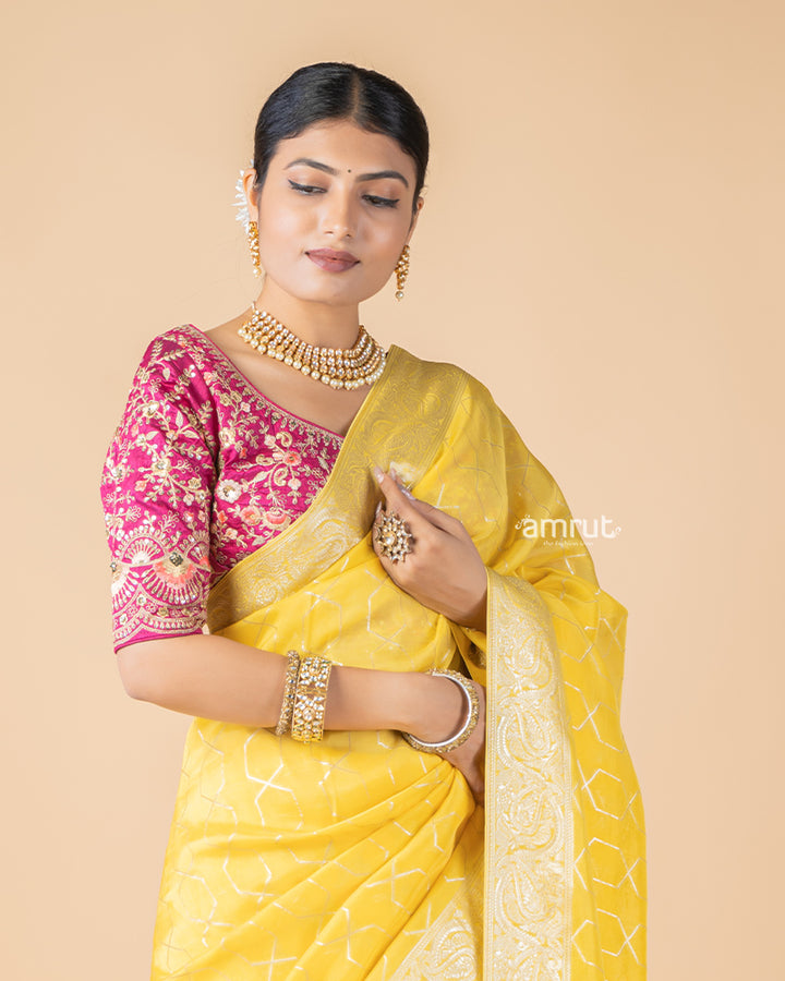 Yellow Foil Printed Saree With Tassels and Stitched Blouse