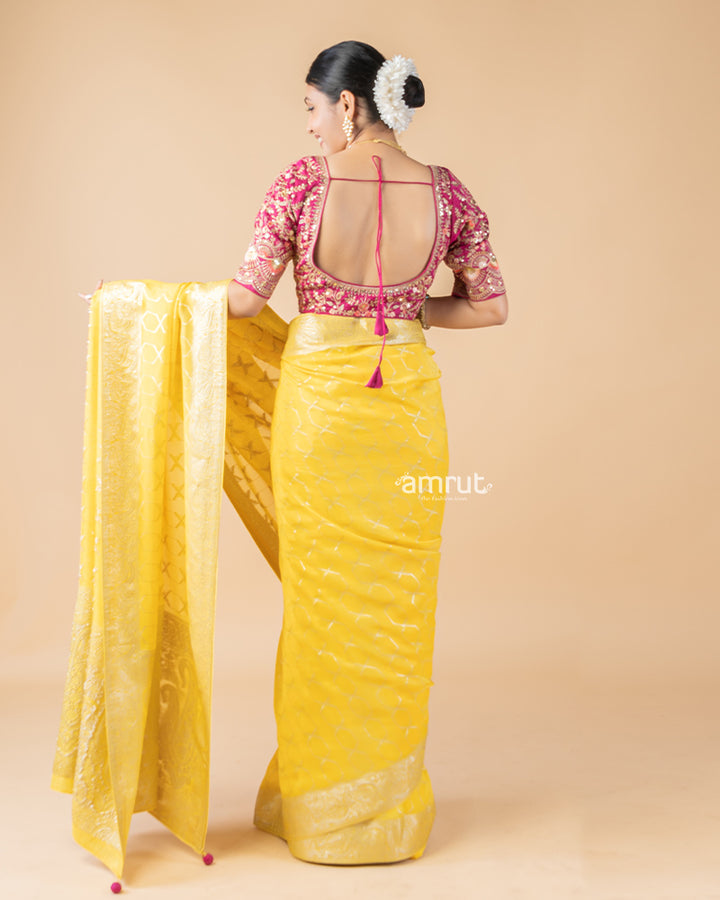 Yellow Foil Printed Saree With Tassels and Stitched Blouse