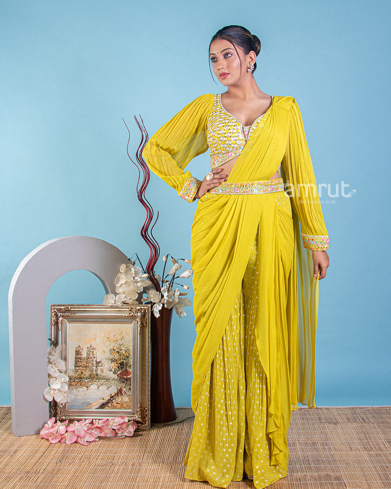 Yellow Hand Embroidered Sharara and Blouse Set in Crushed Shimmer