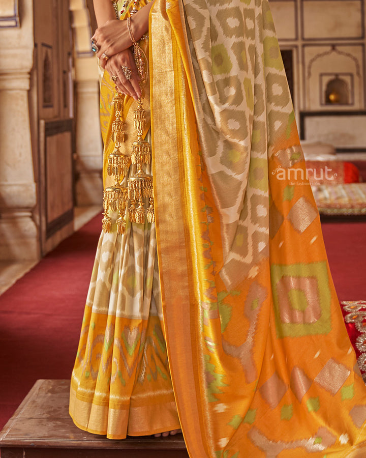 Yellow Ikat Pure Patola Printed Silk Saree With Contrast Pallu