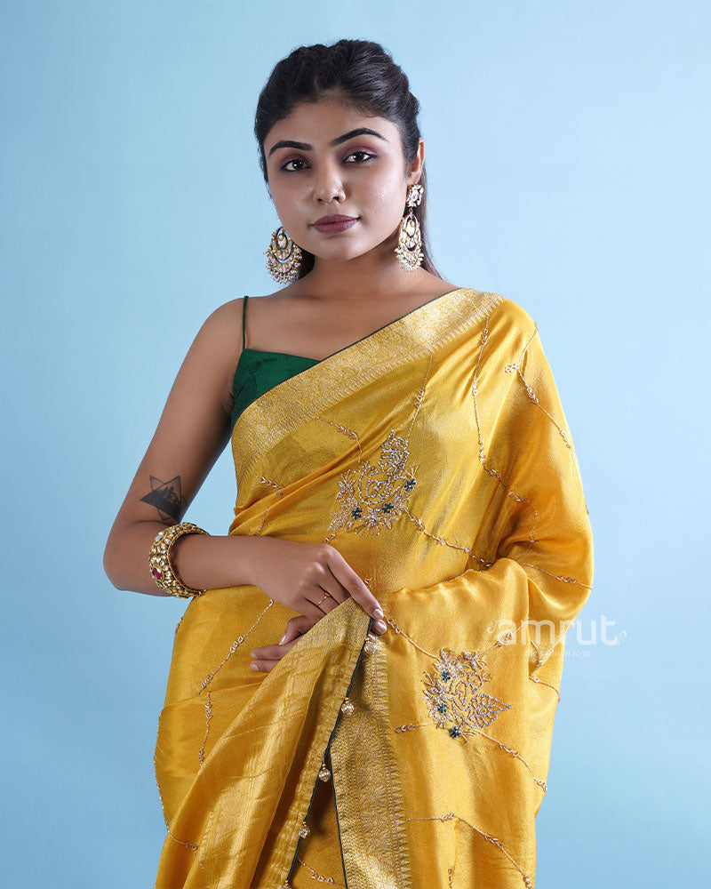 Yellow Party Wear Saree With Unstitched Blouse