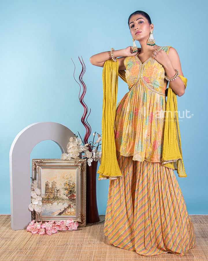Yellow Sharara Suit Set in Georgette With Floral Print Details