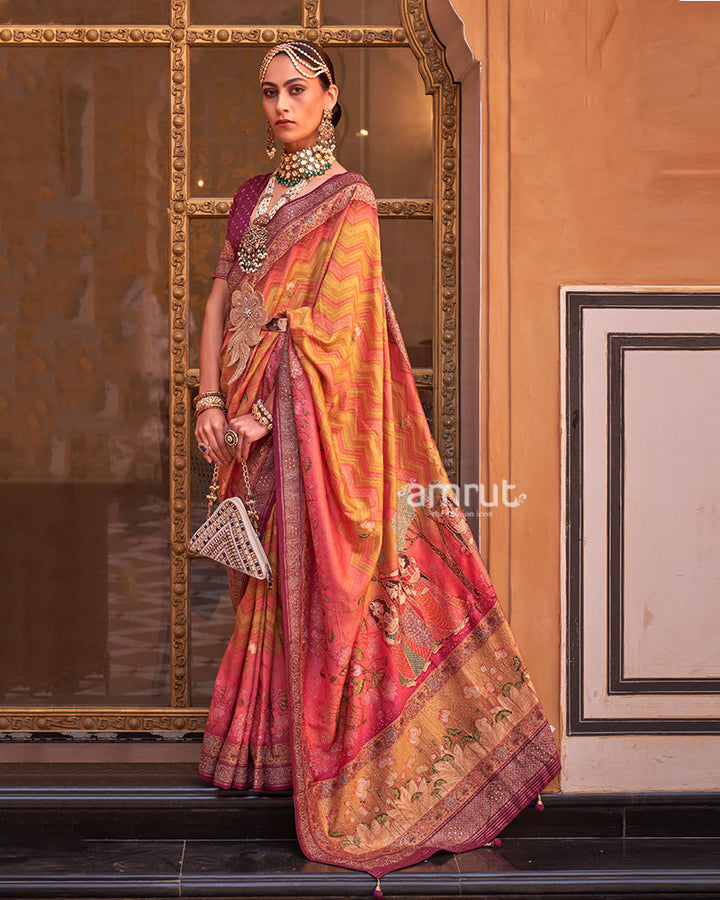 Yellow Digital Print Embellished Saree with Unstitched Blouse and Belt 01