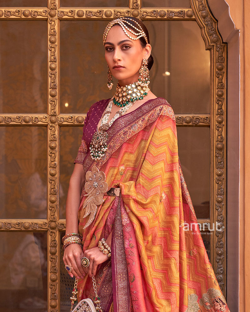 Yellow Digital Print Embellished Saree with Unstitched Blouse and Belt 02
