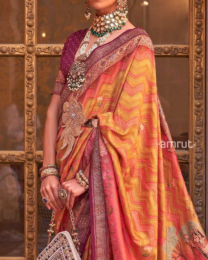 Yellow Digital Print Embellished Saree with Unstitched Blouse and Belt 03