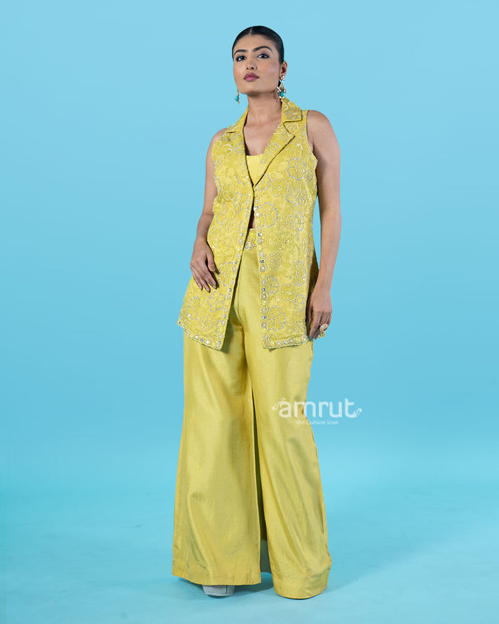 Yellow Embellished Jacket with Crop Top and Palazzo Pants Set 01