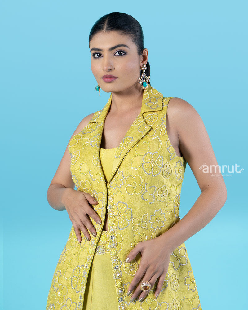 Yellow Embellished Jacket with Crop Top and Palazzo Pants Set 02