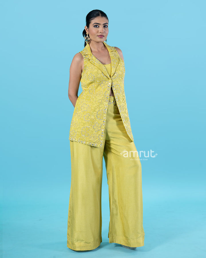 Yellow Embellished Jacket with Crop Top and Palazzo Pants Set 05