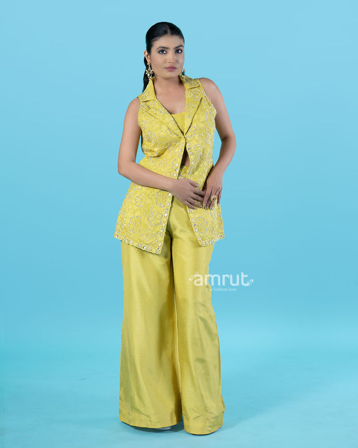 Yellow Embellished Jacket with Crop Top and Palazzo Pants Set 06