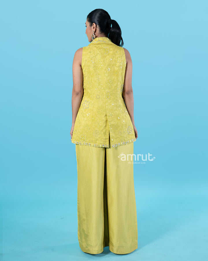Yellow Embellished Jacket with Crop Top and Palazzo Pants Set 07