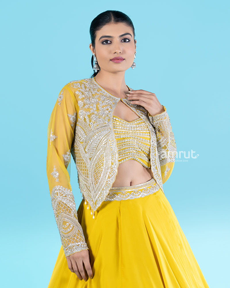 Yellow Embroidered Jacket with Crop Choli and Flared Lehenga 02