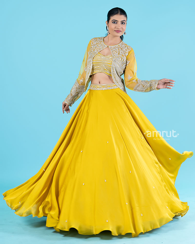 Yellow Embroidered Jacket with Crop Choli and Flared Lehenga 04
