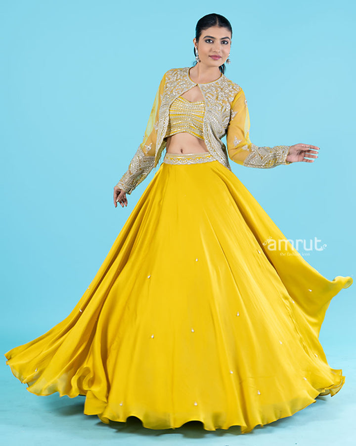Yellow Embroidered Jacket with Crop Choli and Flared Lehenga 04