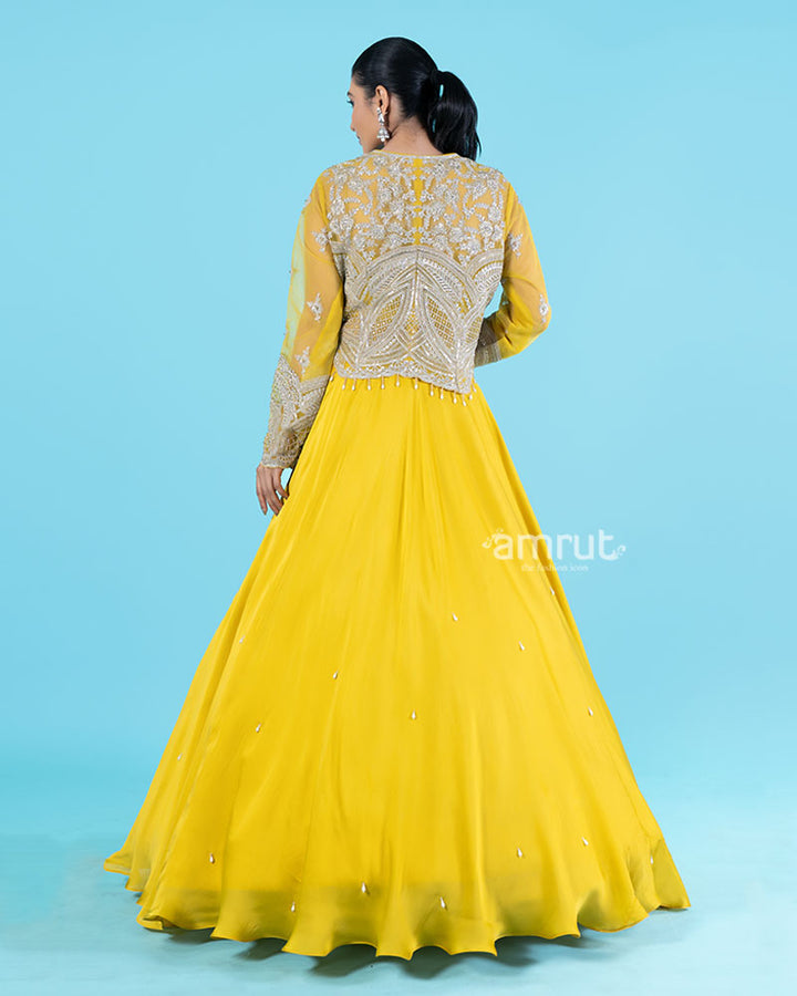 Yellow Embroidered Jacket with Crop Choli and Flared Lehenga 05