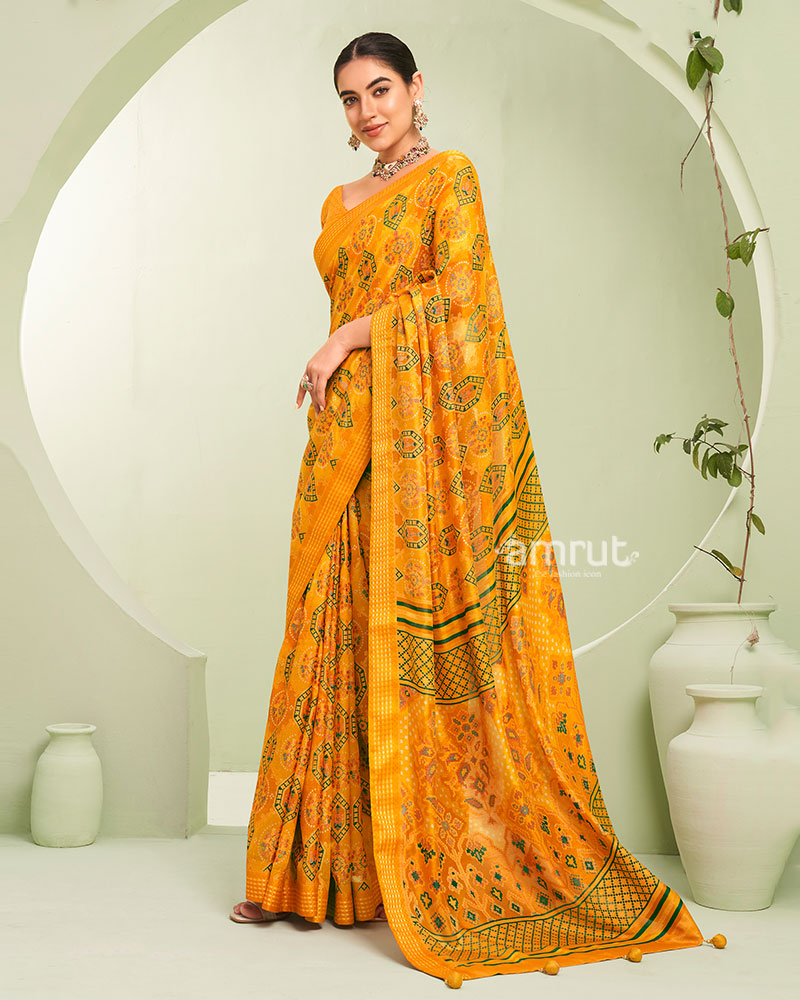 Yellow Floral Pattern Georgette Saree with Unstitched Blouse 01