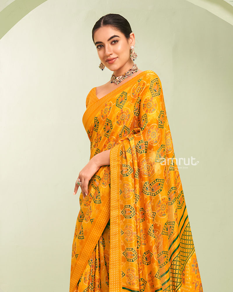 Yellow Floral Pattern Georgette Saree with Unstitched Blouse 02