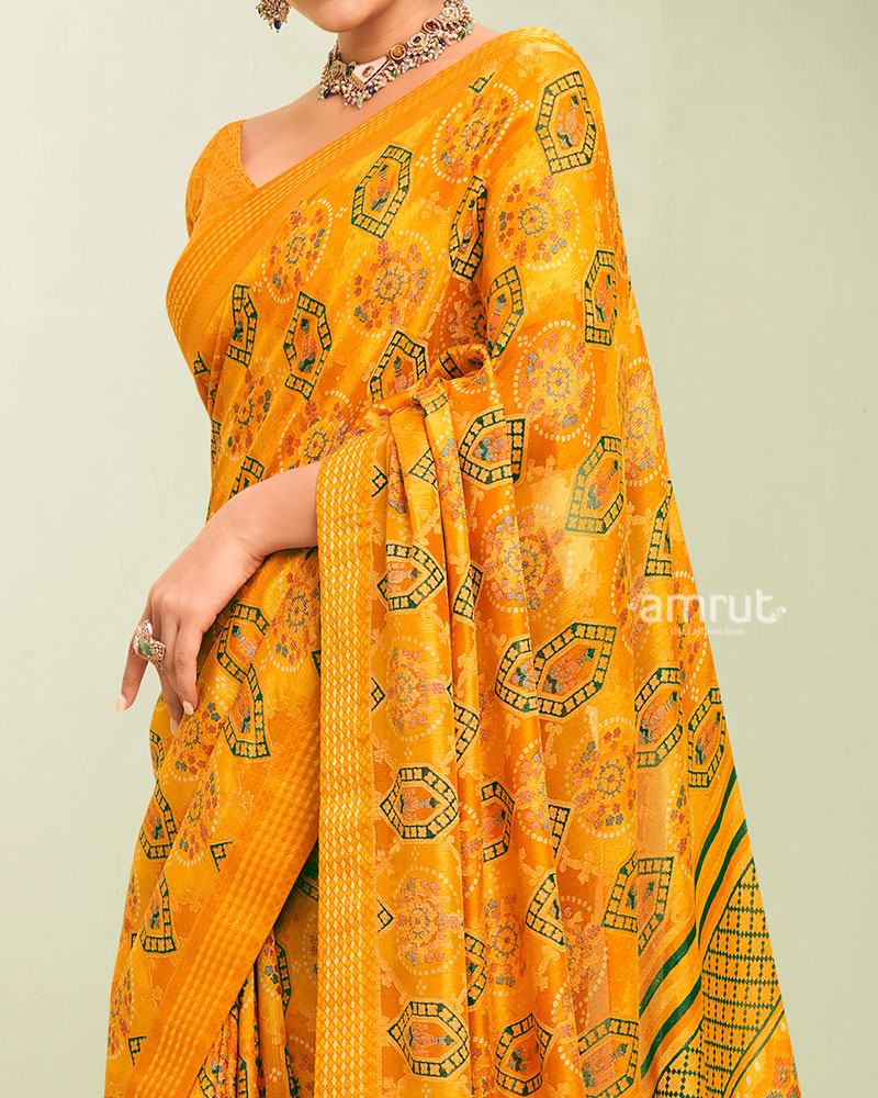 Yellow Floral Pattern Georgette Saree with Unstitched Blouse 03