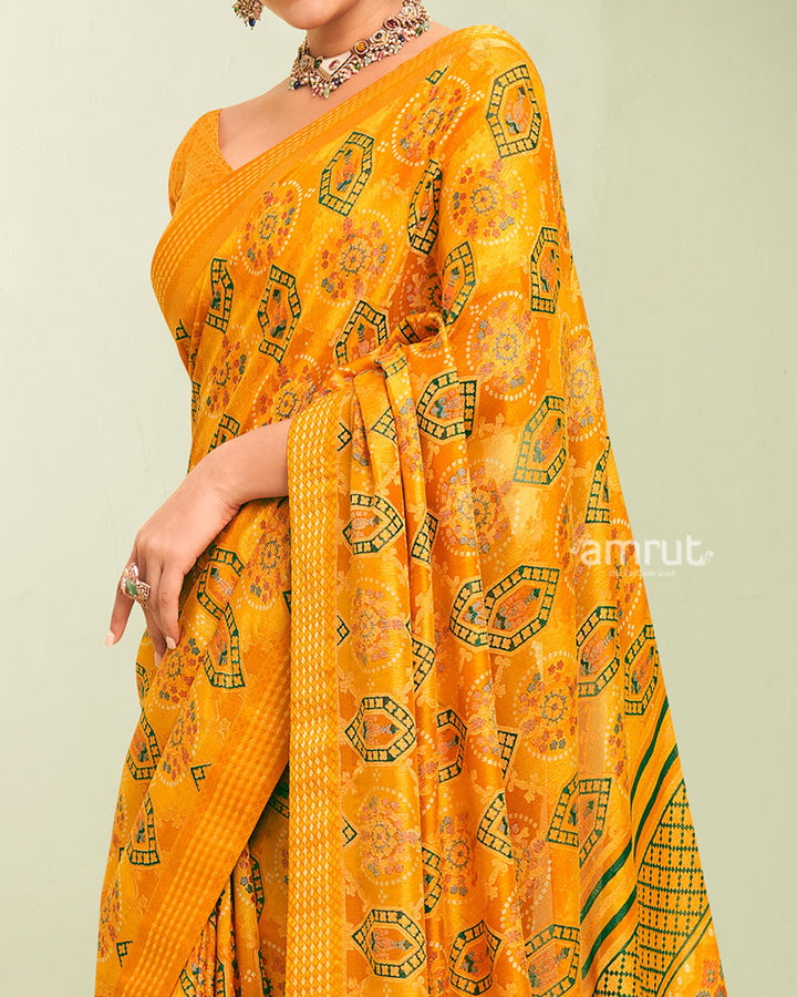 Yellow Floral Pattern Georgette Saree with Unstitched Blouse 03