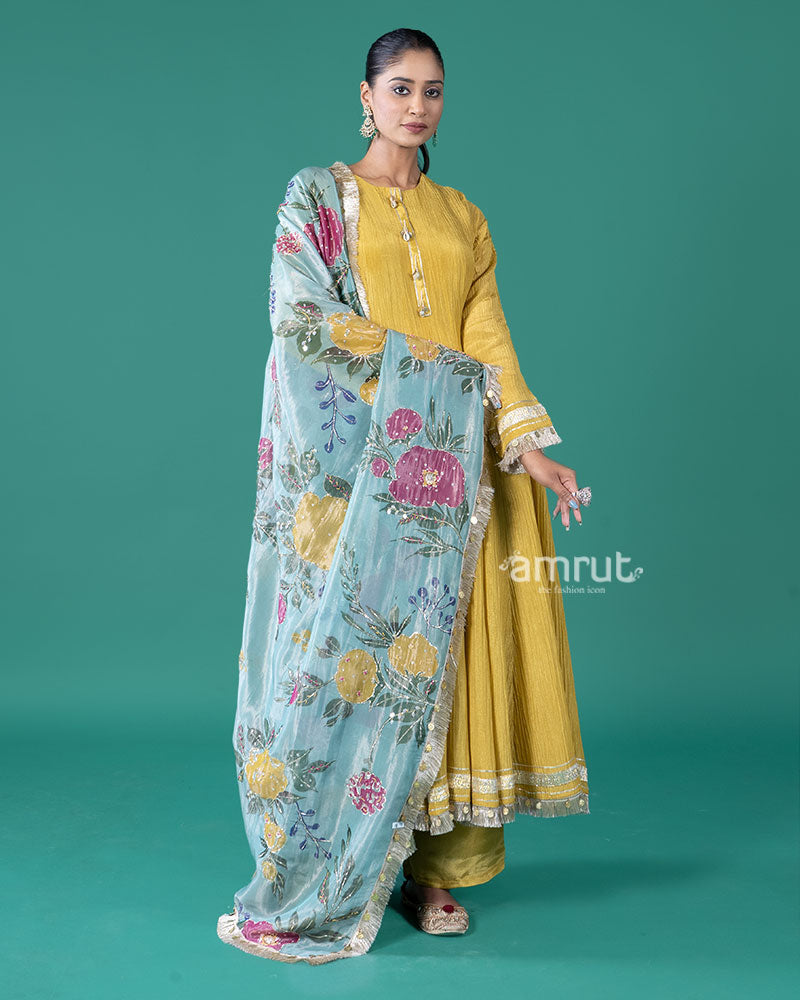Yellow Golden Trim Anarkali Dress with Palazzo Pants and Floral Dupatta 01