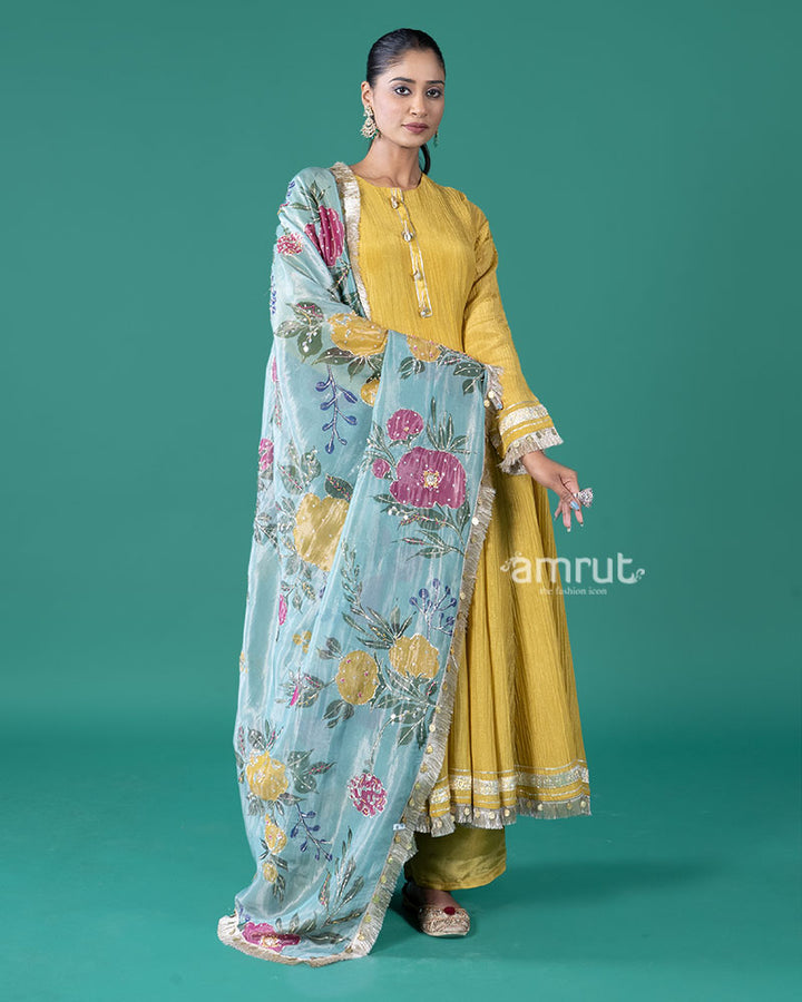 Yellow Golden Trim Anarkali Dress with Palazzo Pants and Floral Dupatta 01