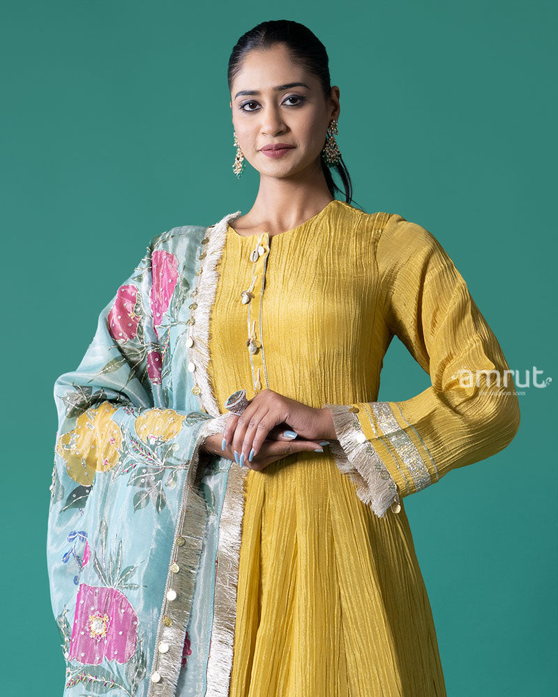 Yellow Golden Trim Anarkali Dress with Palazzo Pants and Floral Dupatta 02