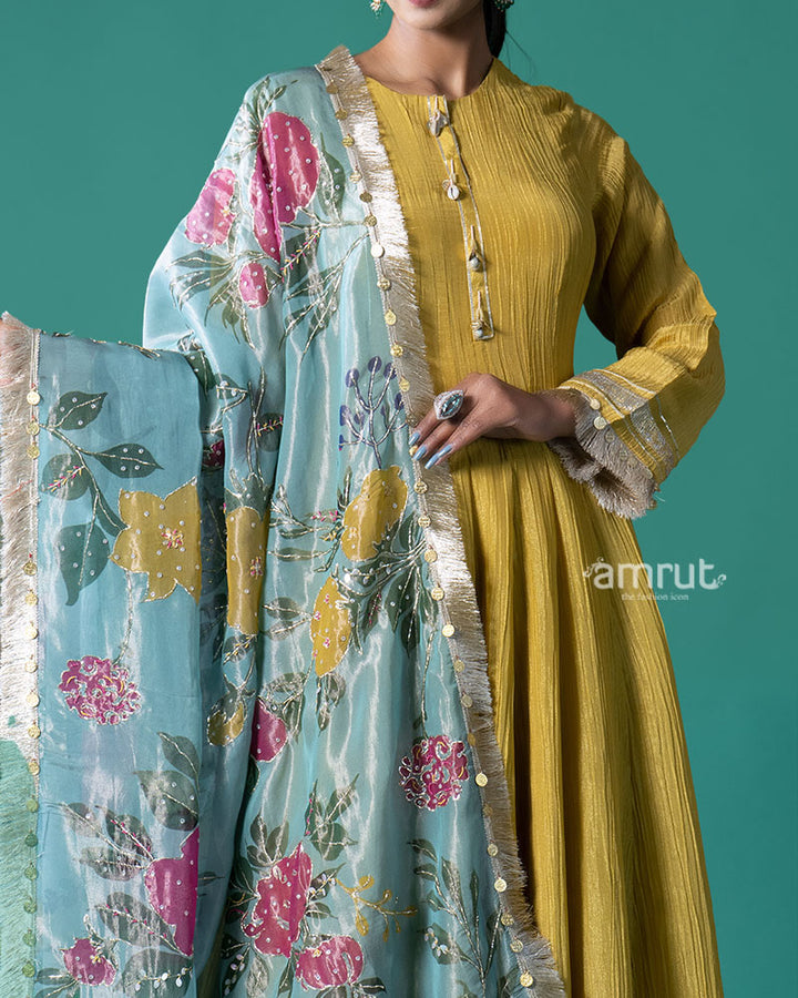 Yellow Golden Trim Anarkali Dress with Palazzo Pants and Floral Dupatta 03