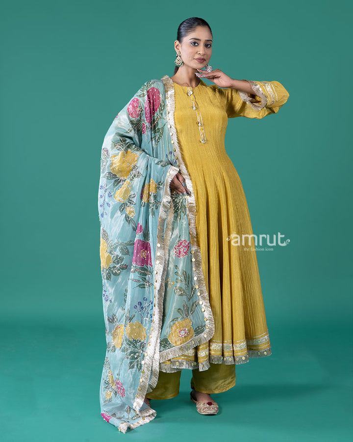 Yellow Golden Trim Anarkali Dress with Palazzo Pants and Floral Dupatta 04
