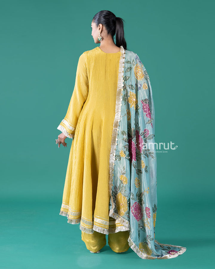 Yellow Golden Trim Anarkali Dress with Palazzo Pants and Floral Dupatta 05