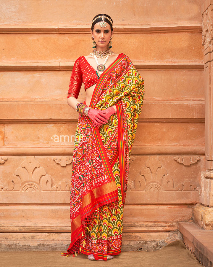 Yellow Green Patola Printed Saree with Red Zari Border and Unstitched Blouse 01