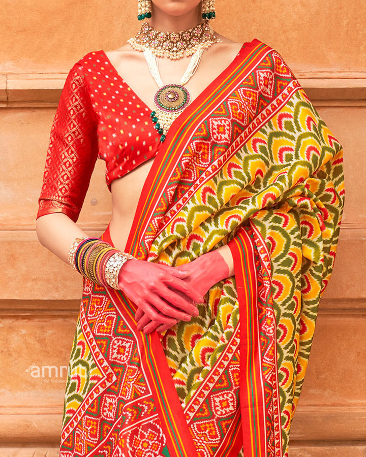 Yellow Green Patola Printed Saree with Red Zari Border and Unstitched Blouse 03