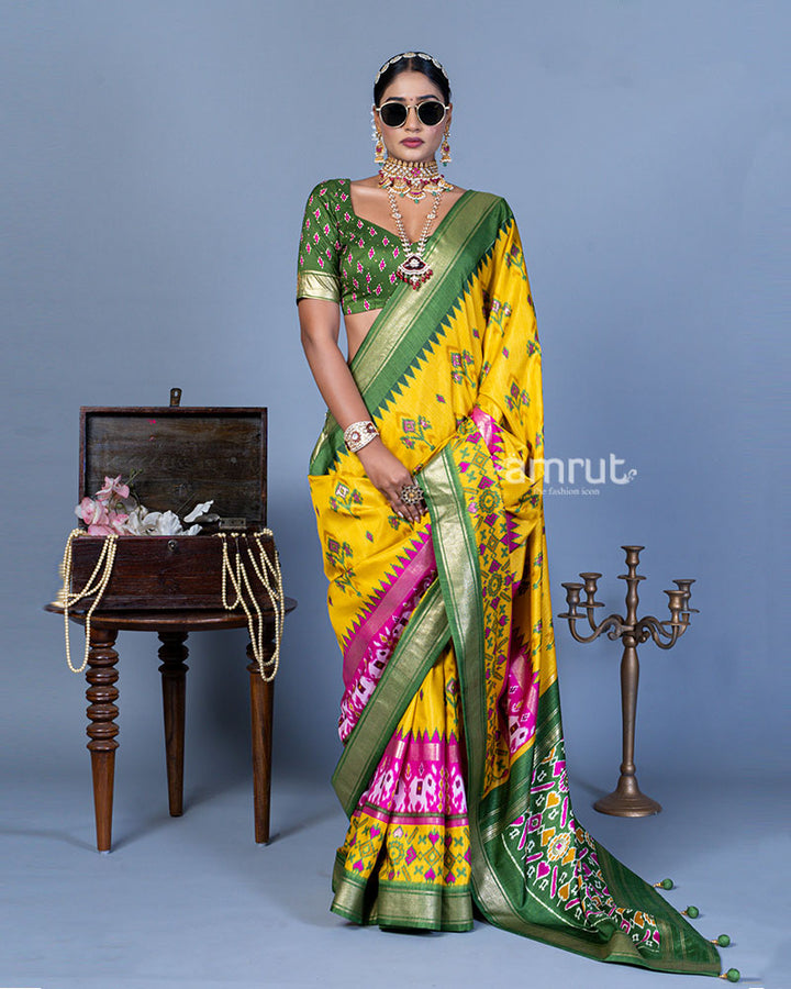 Yellow Patola Printed Viscose Silk Saree with Green Border and Unstitched Blouse 01
