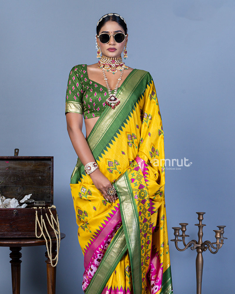 Yellow Patola Printed Viscose Silk Saree with Green Border and Unstitched Blouse 02