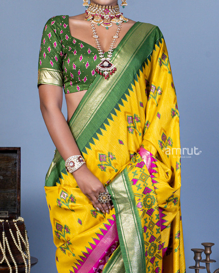 Yellow Patola Printed Viscose Silk Saree with Green Border and Unstitched Blouse 03