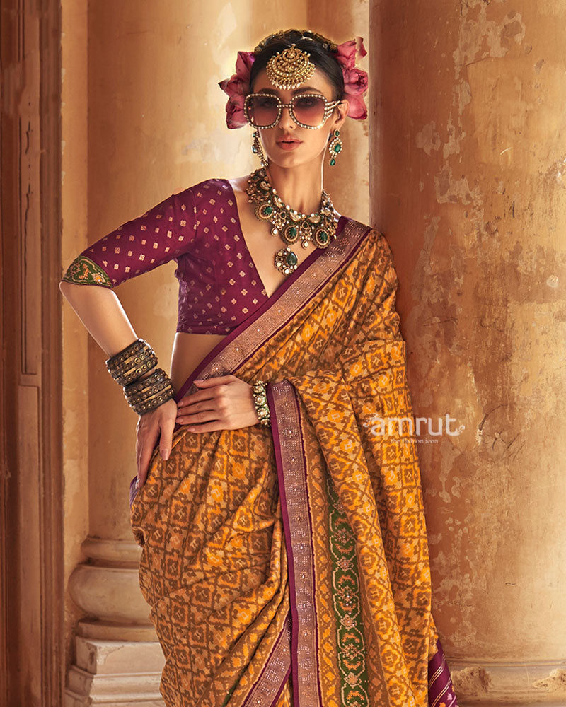 Yellow Patola Silk Saree with Purple Embellished Border and Unstitched Blouse 02