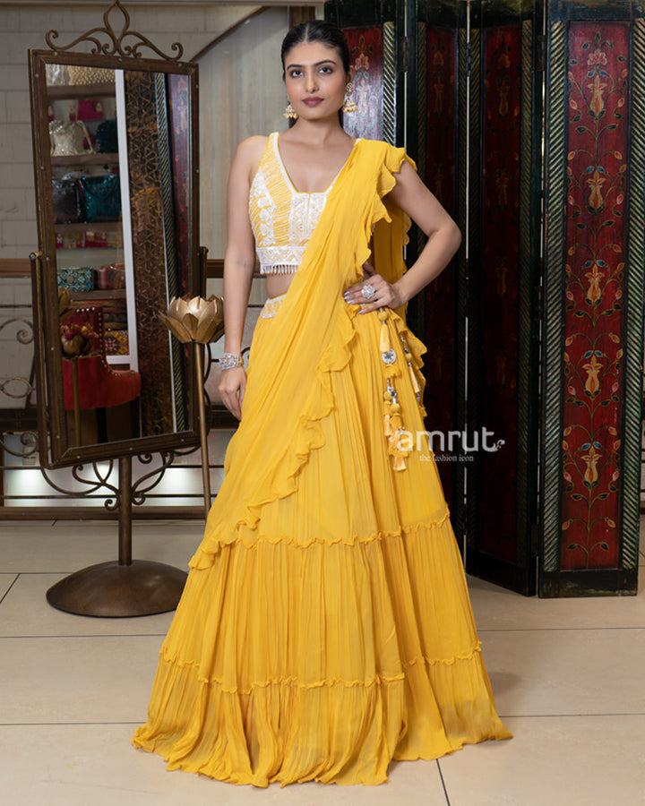Yellow Ruffle Tiered Lehenga Set with Embroidered Blouse and Dupatta 01