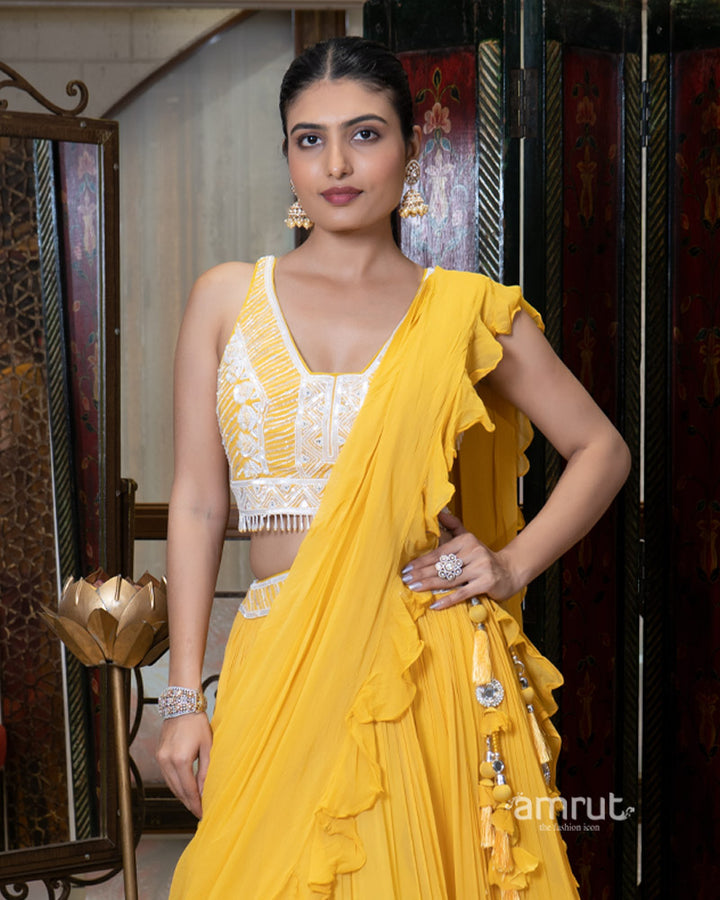 Yellow Ruffle Tiered Lehenga Set with Embroidered Blouse and Dupatta 02