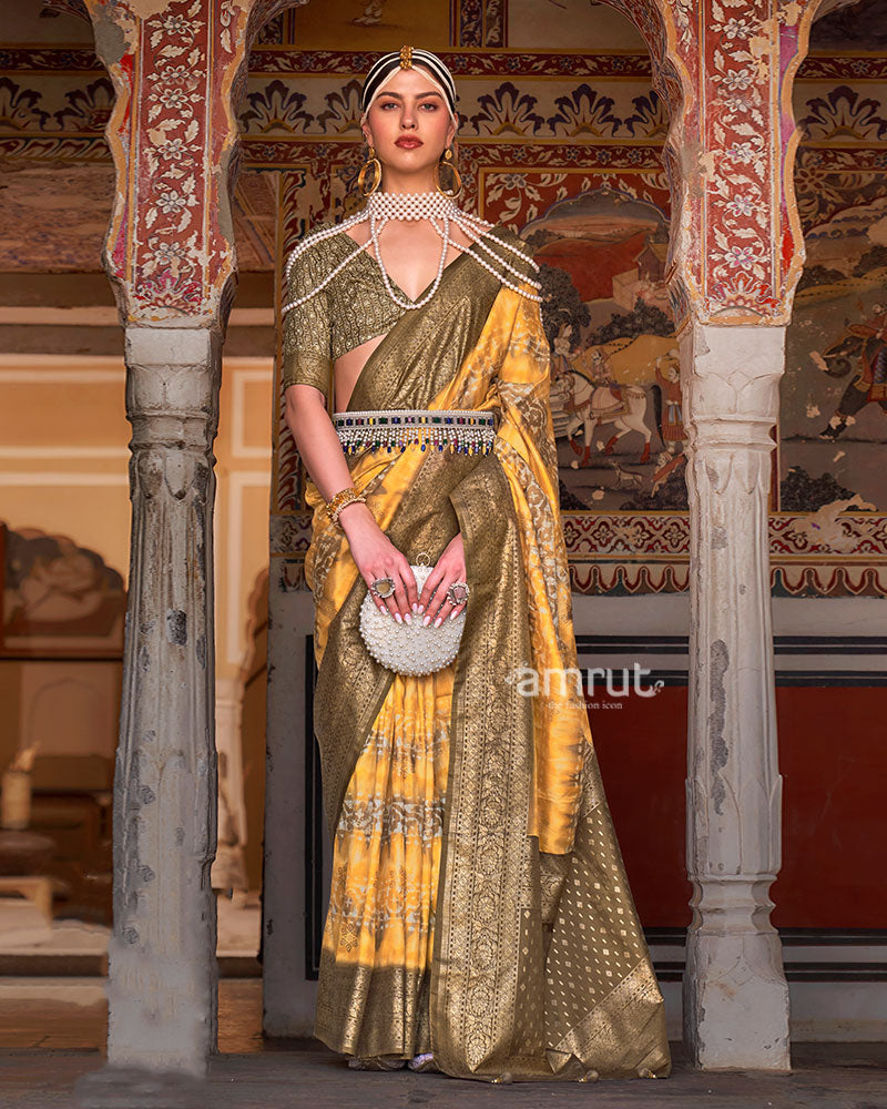 Yellow and Olive Green Silk Saree with Zari Border and Unstitched Blouse 01