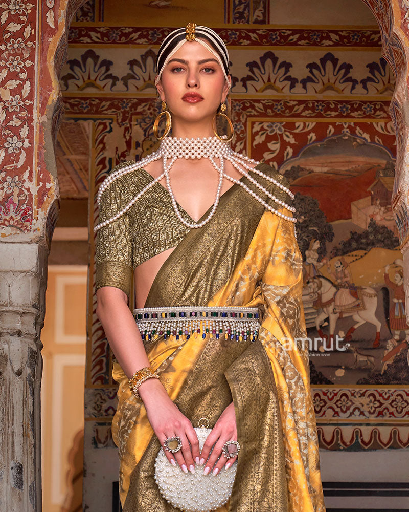 Yellow and Olive Green Silk Saree with Zari Border and Unstitched Blouse 02