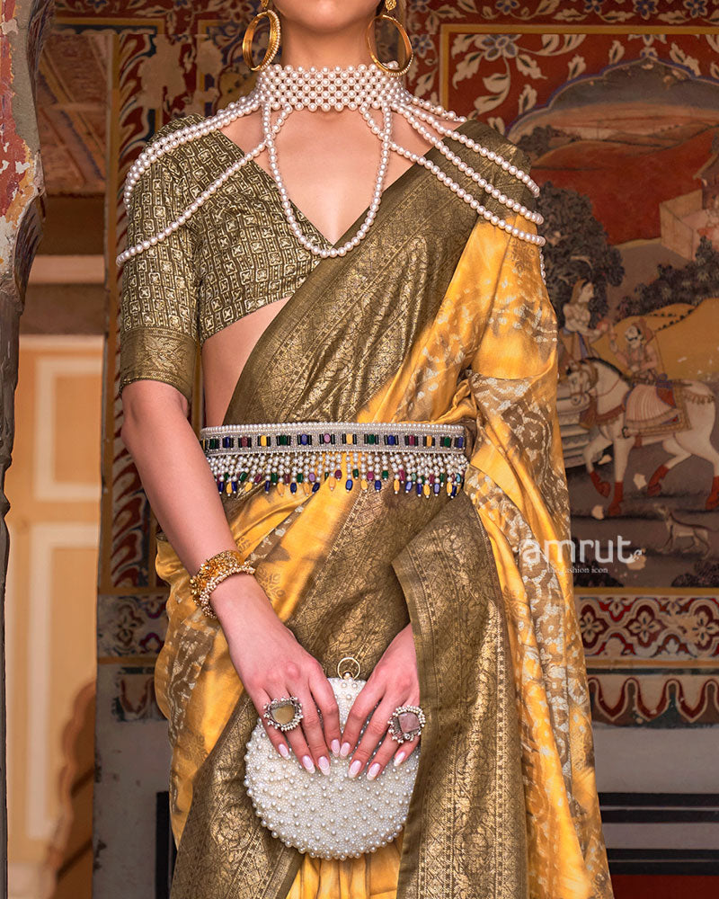 Yellow and Olive Green Silk Saree with Zari Border and Unstitched Blouse 03