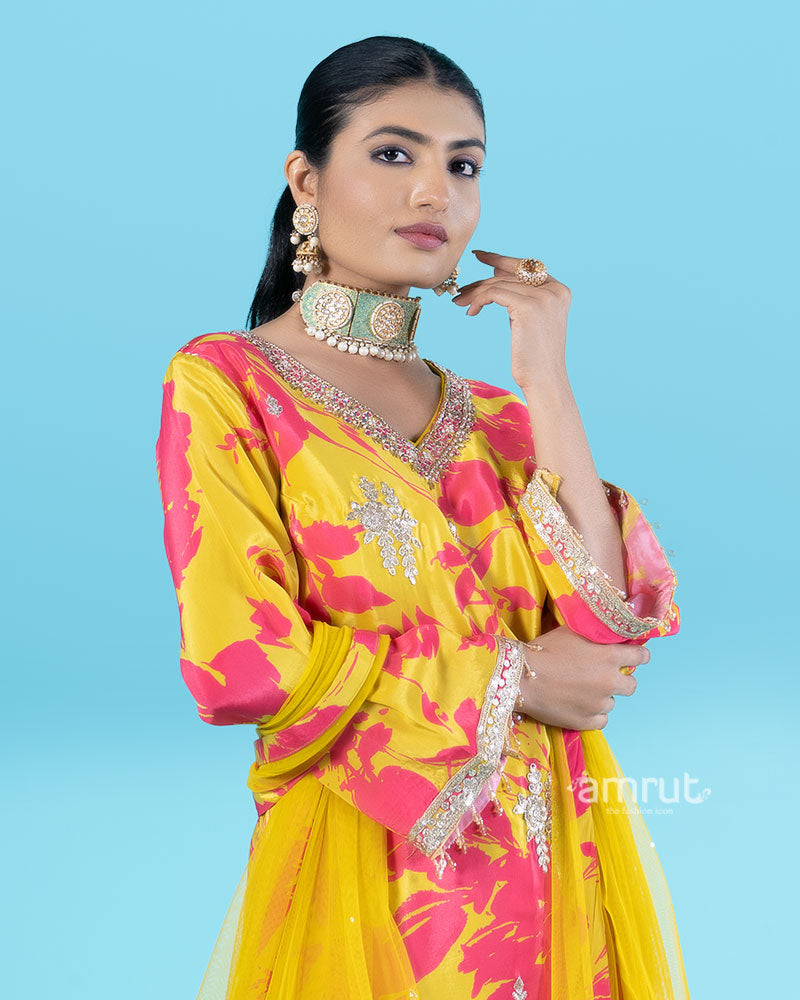Yellow and Pink Floral Embellished Salwar Kameez and Dupatta 02