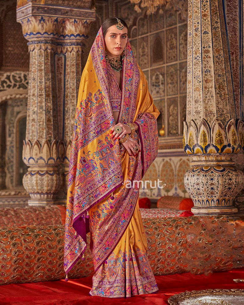 Yellow with Floral Motifs Printed Border Saree and Unstitched Blouse 01