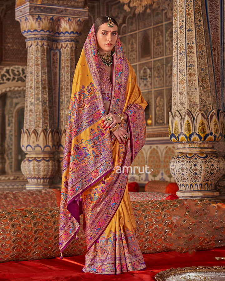 Yellow with Floral Motifs Printed Border Saree and Unstitched Blouse 01