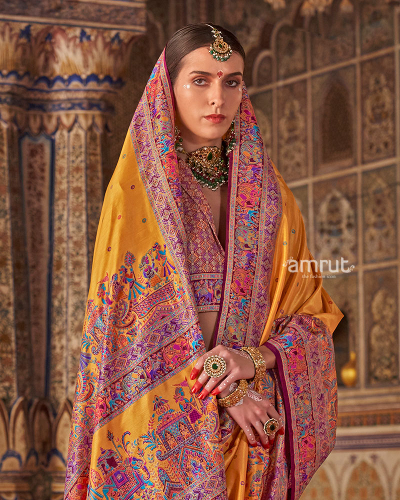 Yellow with Floral Motifs Printed Border Saree and Unstitched Blouse 02
