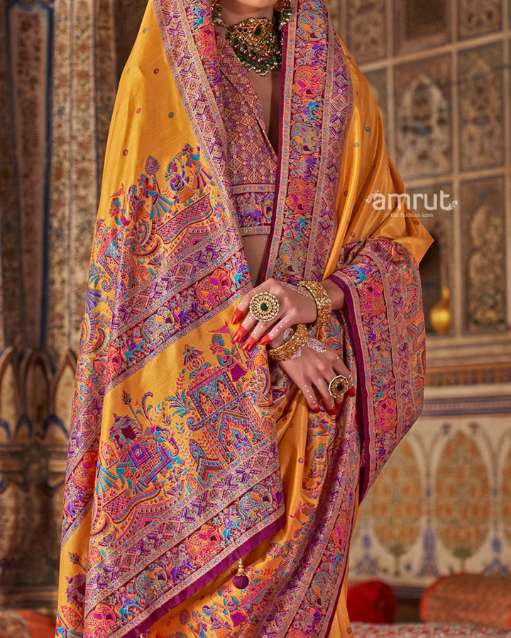 Yellow with Floral Motifs Printed Border Saree and Unstitched Blouse 03