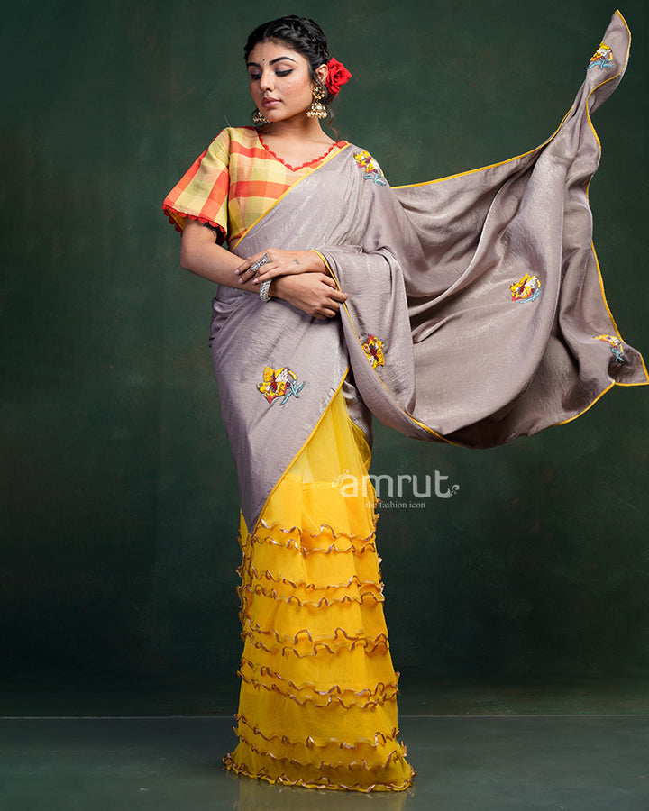 Yellow Ruffle Saree And Blouse Set With Grey Pallu