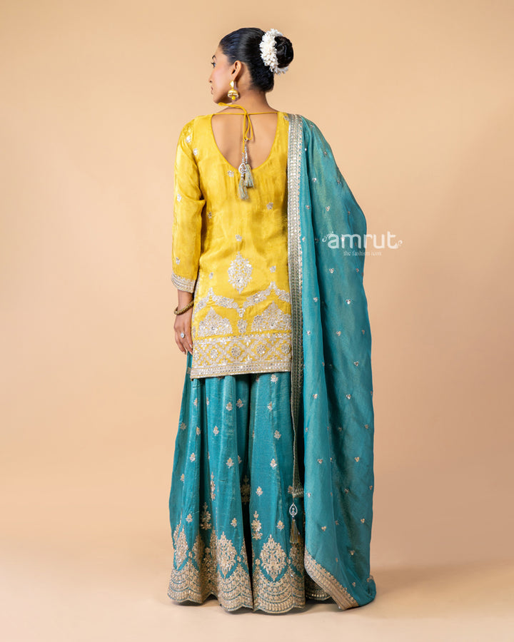 Yellow and Teal Palazzo Suit Set